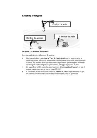 Control de vista




                                                   Cambios de pista
     Control de acceso




La figura 275: Mandos de Sistema

Hay niveles diferentes del control de usuario.
•    El primer nivel del control de la Vista de Control es lo que el usuario ve en la
     pantalla y menús, y lo que la información está fácilmente disponible para el usuario
     Además, hay mandos para que la información pueda ser apropiada para la entrada
     de datos para ciertos empleados, por ejemplo, infotypes específico de país.
•    Un segundo nivel del control es autorizaciones (Controlando el Acceso) - a qué el
     usuario puede tener acceso (ver el curso HR940).
•    Y finalmente, el tercer nivel de control, Cambios de Pista, implica rastrear lo que
     los cambios son hechos (o que informes son dirigidos) (ver el apéndice).
 