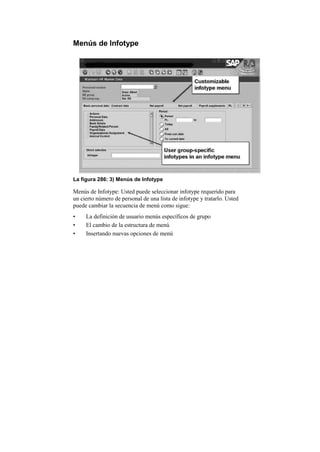 Menús de Infotype




La figura 286: 3) Menús de Infotype

Menús de Infotype: Usted puede seleccionar infotype requerido para
un cierto número de personal de una lista de infotype y tratarlo. Usted
puede cambiar la secuencia de menú como sigue:
•    La definición de usuario menús específicos de grupo
•    El cambio de la estructura de menú
•    Insertando nuevas opciones de menú
 