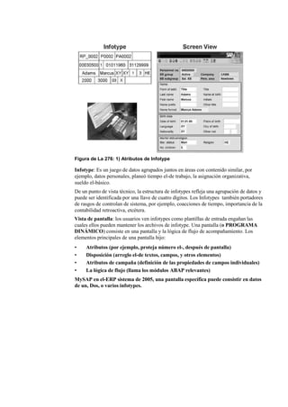 Figura de La 276: 1) Atributos de Infotype

Infotype: Es un juego de datos agrupados juntos en áreas con contenido similar, por
ejemplo, datos personales, planeó tiempo el-de trabajo, la asignación organizativa,
sueldo el-básico.
De un punto de vista técnico, la estructura de infotypes refleja una agrupación de datos y
puede ser identificada por una llave de cuatro dígitos. Los Infotypes también portadores
de rasgos de controlan de sistema, por ejemplo, coacciones de tiempo, importancia de la
contabilidad retroactiva, etcétera.
Vista de pantalla: los usuarios ven infotypes como plantillas de entrada engañan las
cuales ellos pueden mantener los archivos de infotype. Una pantalla (o PROGRAMA
DINÁMICO) consiste en una pantalla y la lógica de flujo de acompañamiento. Los
elementos principales de una pantalla hijo:
•    Atributos (por ejemplo, proteja número el-, después de pantalla)
•    Disposición (arreglo el-de textos, campos, y otros elementos)
•    Atributos de campaña (definición de las propiedades de campos individuales)
•    La lógica de flujo (llama los módulos ABAP relevantes)
MySAP en el-ERP sistema de 2005, una pantalla específica puede consistir en datos
de un, Dos, o varios infotypes.
 