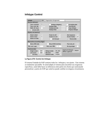 La figura 278: Control de Infotype

El sistema Estándar de SAP contiene todos los infotypes y sus ajustes . Este sistema
es totalmente ejecutable. Si usted adapta el sistema para encontrar sus exigencias
específicas, usted debe hacer un diferencia entre partes de cliente que usted puede
personalizar y partes de SAP que usted no puede cambiar en ninguna circunstancia.
 
