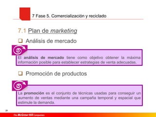 7.1 Plan de marketing
 Análisis de mercado
 Promoción de productos
21
7 Fase 5. Comercialización y reciclado
El análisis de mercado tiene como objetivo obtener la máxima
información posible para establecer estrategias de venta adecuadas.
La promoción es el conjunto de técnicas usadas para conseguir un
aumento de ventas mediante una campaña temporal y espacial que
estimule la demanda.
 