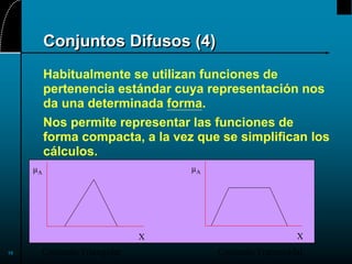 10
Conjuntos Difusos (4)
Habitualmente se utilizan funciones de
pertenencia estándar cuya representación nos
da una determinada forma.
Nos permite representar las funciones de
forma compacta, a la vez que se simplifican los
cálculos.
X
µA
Conjunto Triangular
X
µA
Conjunto Trapezoidal
 