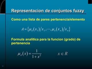 11
Representacion de conjuntos fuzzy
Como una lista de pares pertenencia/elemento
Formula analitica para la funcion (grado) de
pertenencia
 
