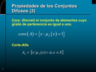 20
Propiedades de los Conjuntos
Difusos (3)
Core: (Kernel) el conjunto de elementos cuyo
grado de pertenencia es igual a uno.
Corte-Alfa
 