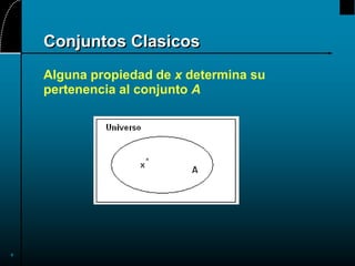 4
Conjuntos Clasicos
Alguna propiedad de x determina su
pertenencia al conjunto A
 