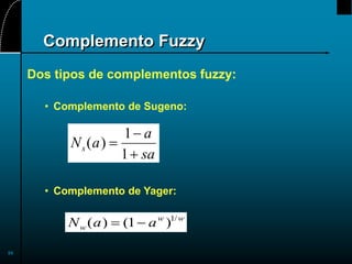 54
Complemento Fuzzy
Dos tipos de complementos fuzzy:
• Complemento de Sugeno:
• Complemento de Yager:
N a
a
sa
s( ) 


1
1
N a a
w
w w
( ) ( ) /
 
1 1
 