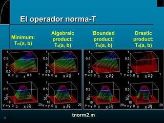 59
El operador norma-T
Minimum:
Tm(a, b)
Algebraic
product:
Ta(a, b)
Bounded
product:
Tb(a, b)
Drastic
product:
Td(a, b)
tnorm2.m
 