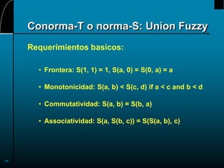 60
Conorma-T o norma-S: Union Fuzzy
Requerimientos basicos:
• Frontera: S(1, 1) = 1, S(a, 0) = S(0, a) = a
• Monotonicidad: S(a, b) < S(c, d) if a < c and b < d
• Commutatividad: S(a, b) = S(b, a)
• Associatividad: S(a, S(b, c)) = S(S(a, b), c)
 