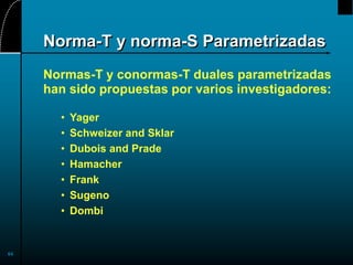 64
Norma-T y norma-S Parametrizadas
Normas-T y conormas-T duales parametrizadas
han sido propuestas por varios investigadores:
• Yager
• Schweizer and Sklar
• Dubois and Prade
• Hamacher
• Frank
• Sugeno
• Dombi
 
