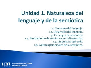 1.1. Concepto del lenguaje.
1.2. Desarrollo del lenguaje.
1.3. Concepto de semiótica.
1.4. Fundamento de semiótica en la lingüística.
1.5. Lingüística aplicada.
1.6. Autores principales de la semiótica.
 