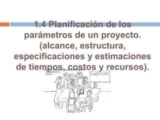 1.4 Planificación de los
parámetros de un proyecto.
(alcance, estructura,
especificaciones y estimaciones
de tiempos, costos y recursos).
 