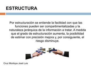 ESTRUCTURA
Por estructuración se entiende la facilidad con que las
funciones pueden ser compartimentalizadas y la
naturaleza jerárquica de la información a tratar. A medida
que el grado de estructuración aumenta, la posibilidad
de estimar con precisión mejora y, por consiguiente, el
riesgo disminuye.
Cruz Montoya José Luis
 