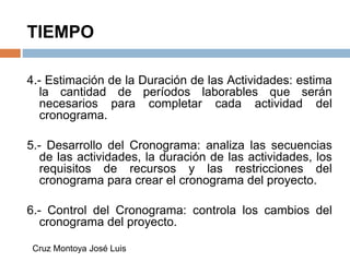 TIEMPO
4.- Estimación de la Duración de las Actividades: estima
la cantidad de períodos laborables que serán
necesarios para completar cada actividad del
cronograma.
5.- Desarrollo del Cronograma: analiza las secuencias
de las actividades, la duración de las actividades, los
requisitos de recursos y las restricciones del
cronograma para crear el cronograma del proyecto.
6.- Control del Cronograma: controla los cambios del
cronograma del proyecto.
Cruz Montoya José Luis
 