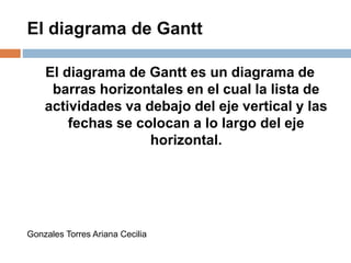 El diagrama de Gantt
El diagrama de Gantt es un diagrama de
barras horizontales en el cual la lista de
actividades va debajo del eje vertical y las
fechas se colocan a lo largo del eje
horizontal.
Gonzales Torres Ariana Cecilia
 