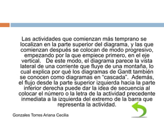Las actividades que comienzan más temprano se
localizan en la parte superior del diagrama, y las que
comienzan después se colocan de modo progresivo,
empezando por la que empiece primero, en el eje
vertical. De este modo, el diagrama parece la vista
lateral de una corriente que fluye de una montaña, lo
cual explica por qué los diagramas de Gantt también
se conocen como diagramas en “cascada”. Además,
el flujo desde la parte superior izquierda hacia la parte
inferior derecha puede dar la idea de secuencia al
colocar el número o la letra de la actividad precedente
inmediata a la izquierda del extremo de la barra que
representa la actividad.
Gonzales Torres Ariana Cecilia
 