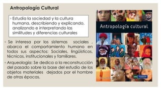 Antropología Cultural 
◦ Estudia la sociedad y la cultura 
humana, describiendo y explicando, 
analizando e interpretando las 
similitudes y diferencias culturales 
◦ Se interesa por los sistemas sociales , 
abarca el comportamiento humano en 
todos sus aspectos: Sociales, lingüísticos, 
técnicos, institucionales y familiares. 
◦ Arqueología: Se dedica a la reconstrucción 
del pasado sobre la base del estudio de los 
objetos materiales dejados por el hombre 
de otras épocas. 
 