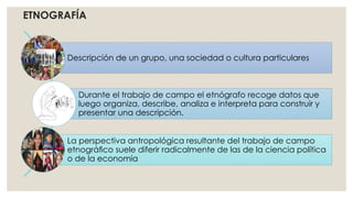 ETNOGRAFÍA 
Descripción de un grupo, una sociedad o cultura particulares 
Durante el trabajo de campo el etnógrafo recoge datos que 
luego organiza, describe, analiza e interpreta para construir y 
presentar una descripción. 
La perspectiva antropológica resultante del trabajo de campo 
etnográfico suele diferir radicalmente de las de la ciencia política 
o de la economía 
 