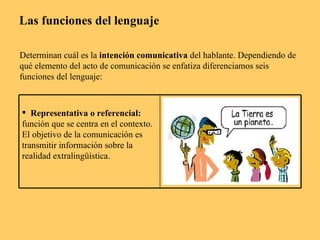 Las funciones del lenguaje Determinan cuál es la  intención comunicativa  del hablante. Dependiendo de qué elemento del ac...