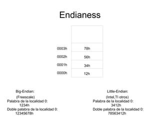 Endianess
78h
56h
34h
12h
Big-Endian: Little-Endian:
(Freescale)
Palabra de la localidad 0:
1234h
Doble palabra de la loca...