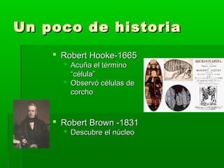Un poco de historia
     Robert Hooke-1665
       Acuña el término
        “célula”
       Observó células de
        corcho



     Robert Brown -1831
       Descubre el núcleo
 