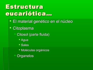Estr uctur a
eucariótica…
 El material genético en el núcleo
 Citoplasma
   Citosol (parte fluida)
      Agua
      Sales
      Moléculas orgánicos
   Organelos
 