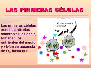 L AS PRIMERAS CÉLULAS

                        ¡Cuánta materia
Las primeras células    orgánica!
eran heterótrofas
anaerobias, es decir,
tomaban los
nutrientes del medio
y vivían en ausencia
de O2, hasta que...
 