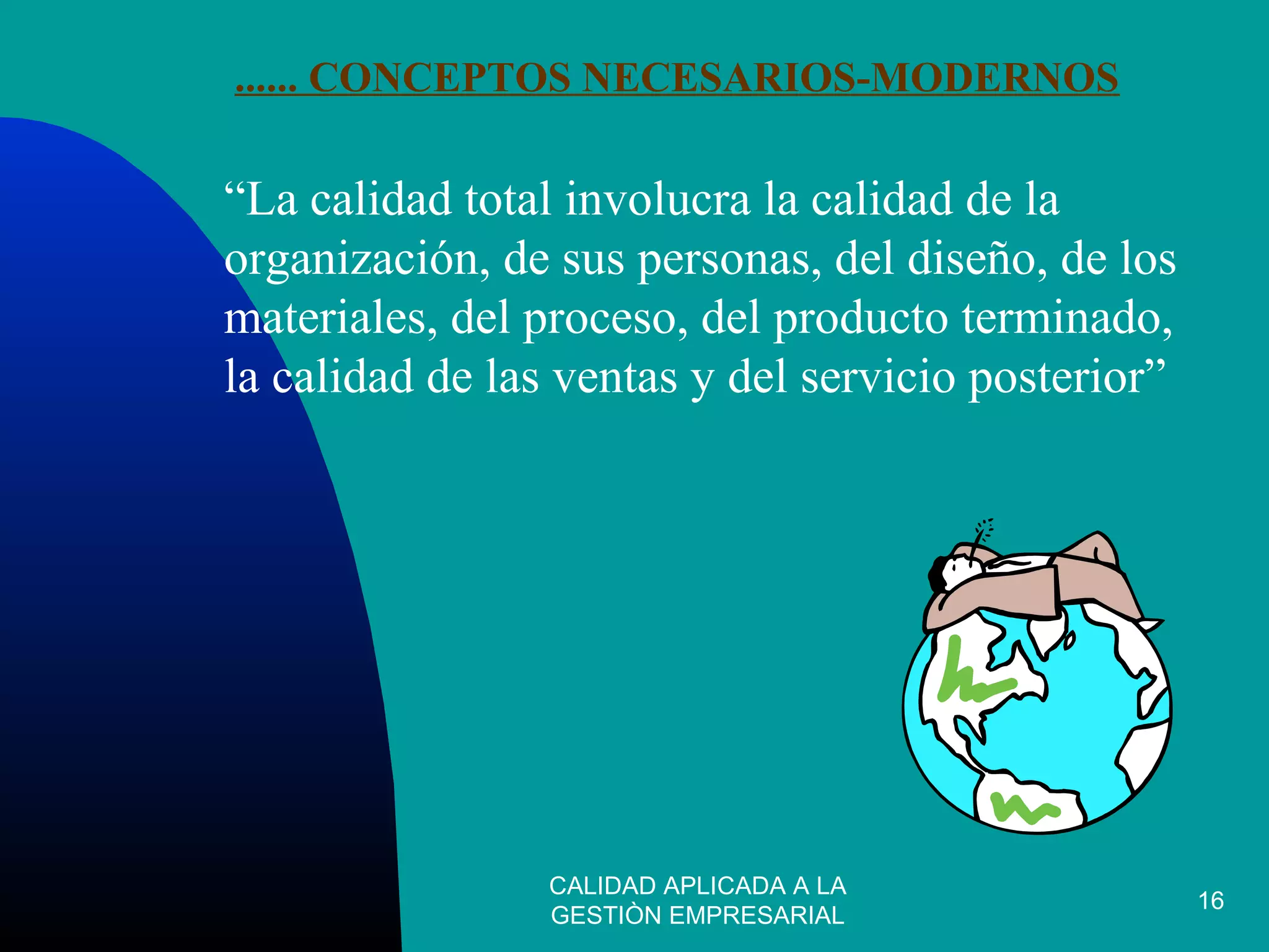 CALIDAD APLICADA A LA
GESTIÒN EMPRESARIAL
16
...... CONCEPTOS NECESARIOS-MODERNOS
“La calidad total involucra la calidad de la
organización, de sus personas, del diseño, de los
materiales, del proceso, del producto terminado,
la calidad de las ventas y del servicio posterior”
 