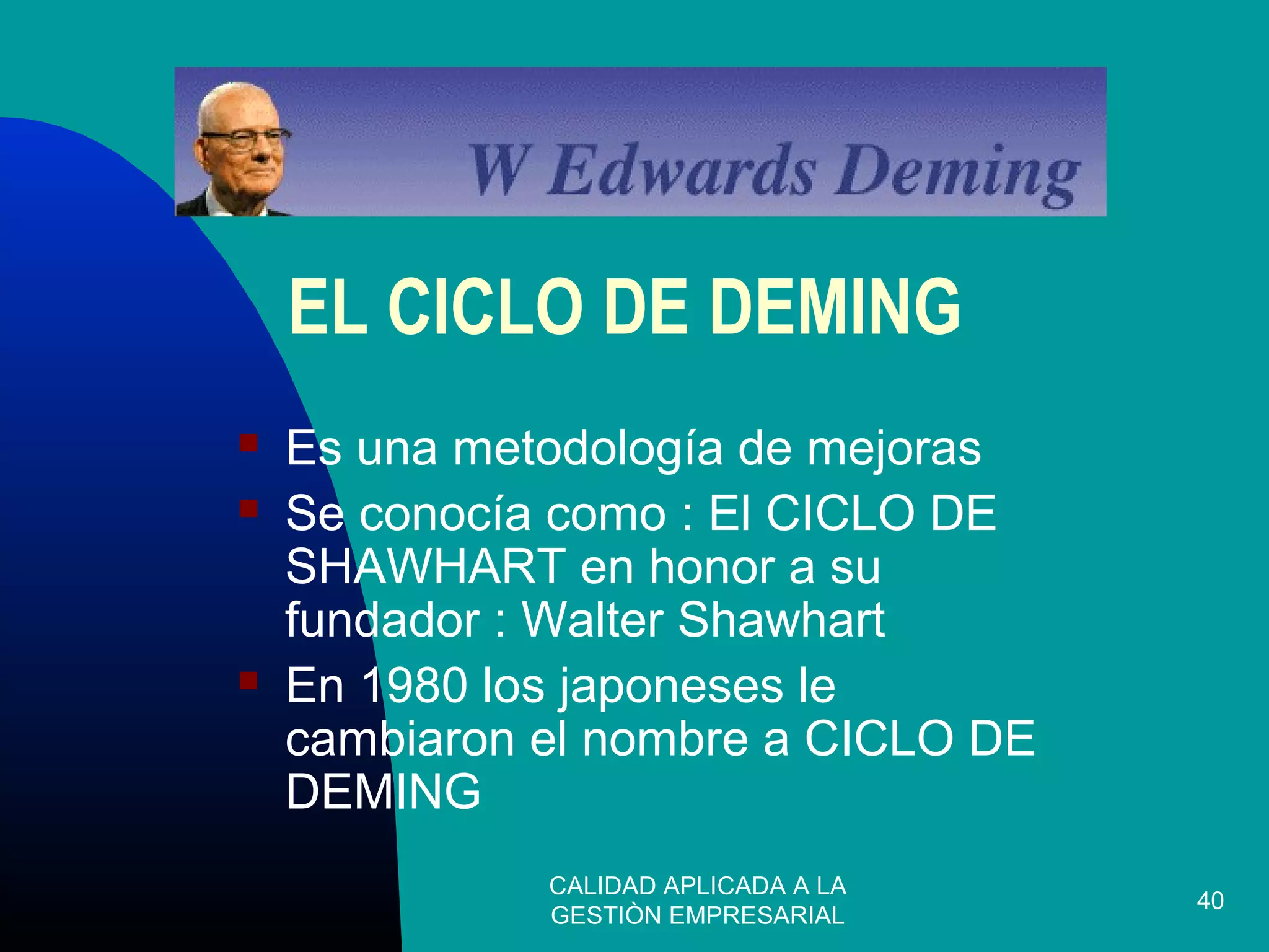 CALIDAD APLICADA A LA
GESTIÒN EMPRESARIAL
40
EL CICLO DE DEMING
 Es una metodología de mejoras
 Se conocía como : El CICLO DE
SHAWHART en honor a su
fundador : Walter Shawhart
 En 1980 los japoneses le
cambiaron el nombre a CICLO DE
DEMING
 
