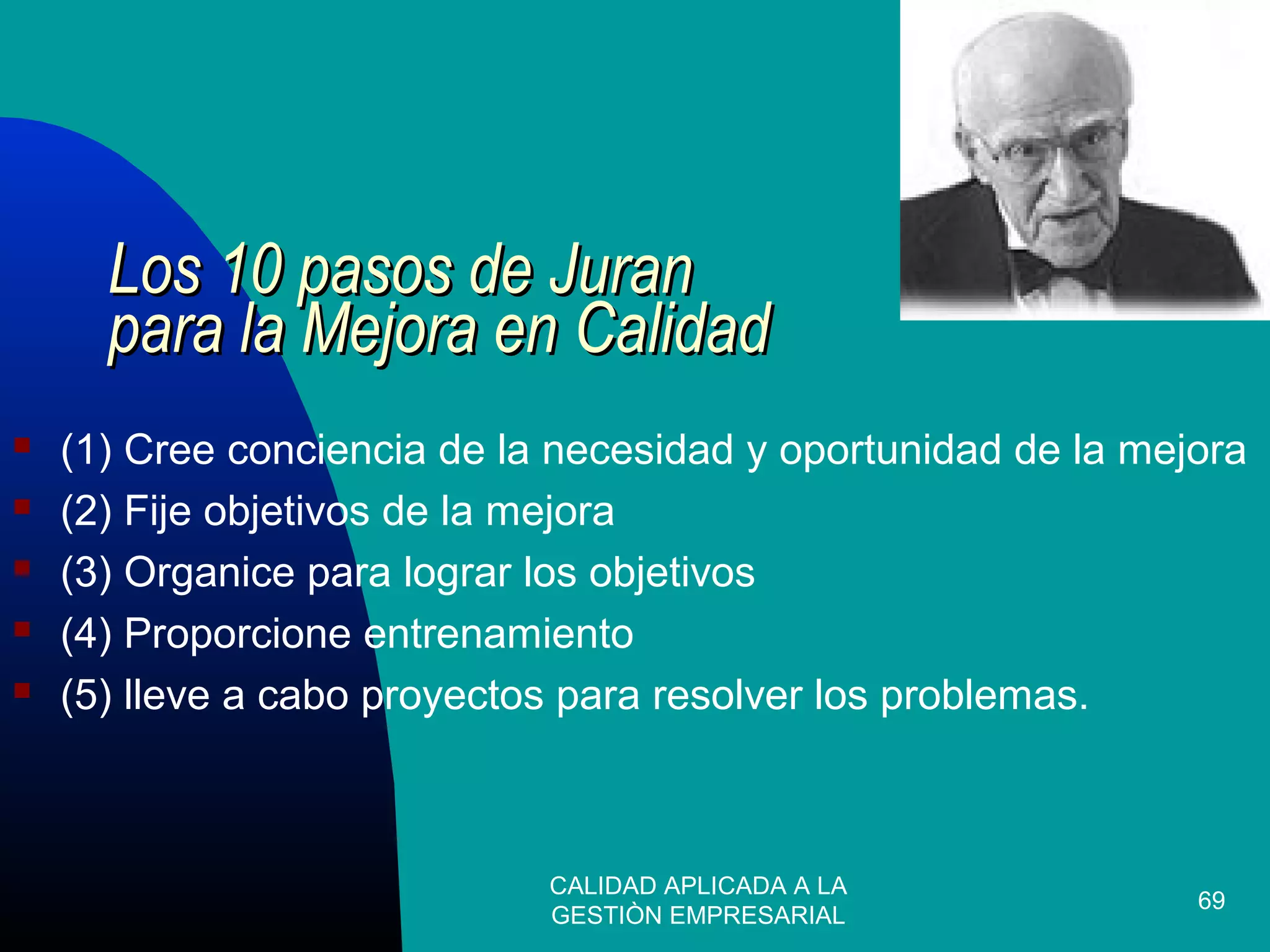 CALIDAD APLICADA A LA
GESTIÒN EMPRESARIAL
69
Los 10 pasos de JuranLos 10 pasos de Juran
para la Mejora en Calidadpara la Mejora en Calidad
 (1) Cree conciencia de la necesidad y oportunidad de la mejora
 (2) Fije objetivos de la mejora
 (3) Organice para lograr los objetivos
 (4) Proporcione entrenamiento
 (5) lleve a cabo proyectos para resolver los problemas.
 