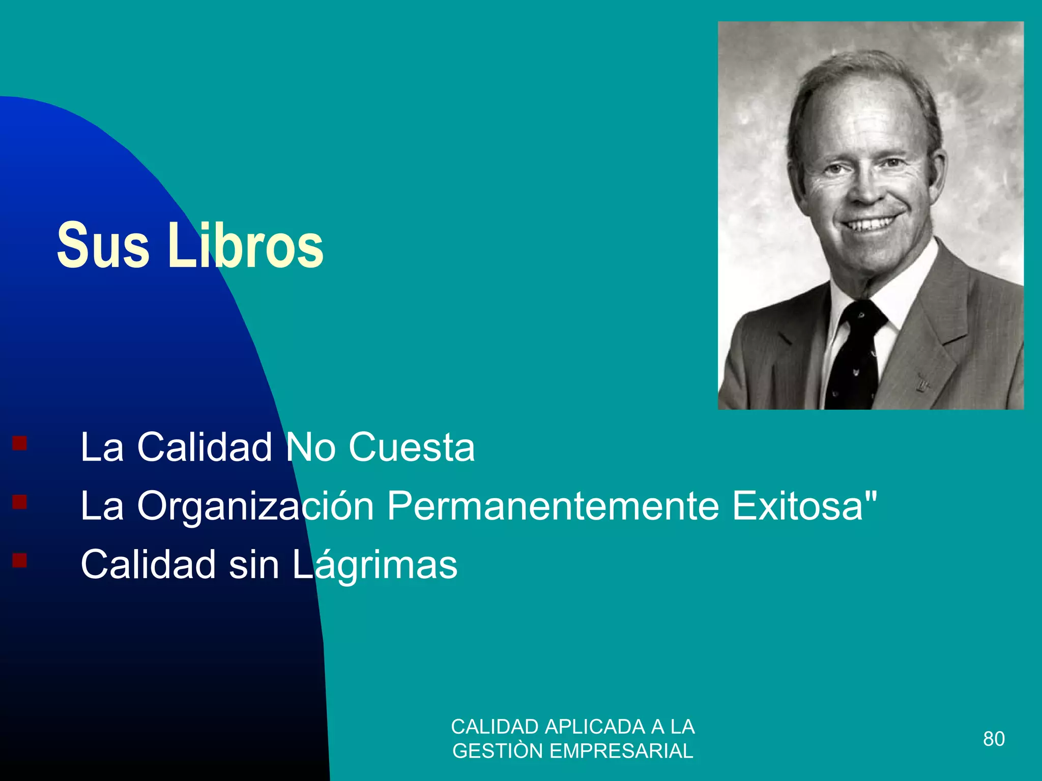 CALIDAD APLICADA A LA
GESTIÒN EMPRESARIAL
80
Sus Libros
 La Calidad No Cuesta
 La Organización Permanentemente Exitosa"
 Calidad sin Lágrimas
 