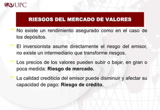 RIESGOS DEL MERCADO DE VALORES
☂ No existe un rendimiento asegurado como en el caso de
los depósitos.
☂ El inversionista asume directamente el riesgo del emisor,
no existe un intermediario que transforme riesgos.
☂ Los precios de los valores pueden subir o bajar, en gran o
poca medida: Riesgo de mercado.
☂ La calidad crediticia del emisor puede disminuir y afectar su
capacidad de pago: Riesgo de crédito.
 