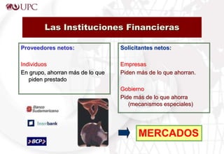 Las Instituciones Financieras
Proveedores netos:
Individuos
En grupo, ahorran más de lo que
piden prestado
Solicitantes netos:
Empresas
Piden más de lo que ahorran.
Gobierno
Pide más de lo que ahorra
(mecanismos especiales)
MERCADOS
 