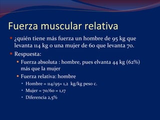 Fuerza muscular relativa ¿quién tiene más fuerza un hombre de 95 kg que levanta 114 kg o una mujer de 60 que levanta 70. Respuesta: Fuerza absoluta : hombre, pues elvanta 44 kg (62%) más que la mujer Fuerza relativa: hombre Hombre = 114/95= 1,2  kg/kg peso c. Mujer = 70/60 = 1,17 Diferencia 2,5% 
