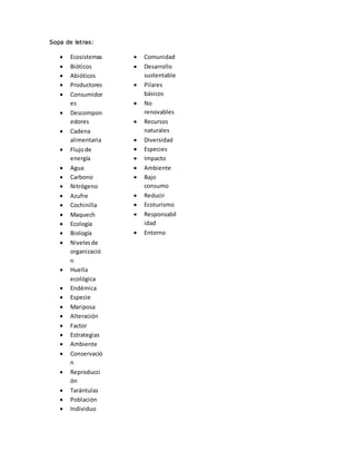 Sopa de letras:
 Ecosistemas
 Bióticos
 Abióticos
 Productores
 Consumidor
es
 Descompon
edores
 Cadena
alimentaria
 Flujode
energía
 Agua
 Carbono
 Nitrógeno
 Azufre
 Cochinilla
 Maquech
 Ecología
 Biología
 Nivelesde
organizació
n
 Huella
ecológica
 Endémica
 Especie
 Mariposa
 Alteración
 Factor
 Estrategias
 Ambiente
 Conservació
n
 Reproducci
ón
 Tarántulas
 Población
 Individuo
 Comunidad
 Desarrollo
sustentable
 Pilares
básicos
 No
renovables
 Recursos
naturales
 Diversidad
 Especies
 Impacto
 Ambiente
 Bajo
consumo
 Reducir
 Ecoturismo
 Responsabil
idad
 Entorno
 