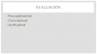 EVALUACIÓN
• Procedimental
• Conceptual
• Actitudinal
 