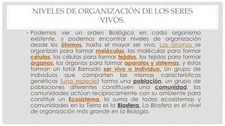 NIVELES DE ORGANIZACIÓN DE LOS SERES
VIVOS.
• Podemos ver un orden Biológico en cada organismo
existente, y podemos encontrar niveles de organización
desde los átomos, hasta el mayor ser vivo. Los átomos se
organizan para formar moléculas, las moléculas para formar
células, las células para formar tejidos, los tejidos para formar
órganos, los órganos para formar aparatos y sistemas, y éstos
forman un total llamado ser vivo o individuo. Un grupo de
individuos que comparten las mismas características
genéticas (una especie) forma una población, un grupo de
poblaciones diferentes constituyen una comunidad, las
comunidades actúan recíprocamente con su ambiente para
constituir un Ecosistema, la suma de todos ecosistemas y
comunidades en la Tierra es la Biosfera. La Biosfera es el nivel
de organización más grande en la Biología.
 