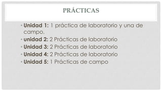 PRÁCTICAS
• Unidad 1: 1 práctica de laboratorio y una de
campo.
• unidad 2: 2 Prácticas de laboratorio
• Unidad 3: 2 Prácticas de laboratorio
• Unidad 4: 2 Prácticas de laboratorio
• Unidad 5: 1 Prácticas de campo
 