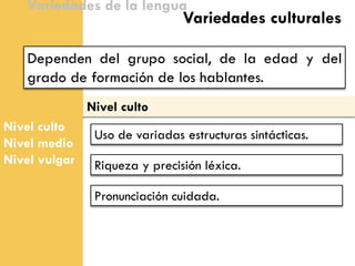 Nivel culto 
Nivel culto 
Nivel medio 
Nivel vulgar 
Variedades de la lengua 
Dependen del grupo social, de la edad y del grado de formación de los hablantes. 
Variedades culturales 
Uso de variadas estructuras sintácticas. 
Riqueza y precisión léxica. 
Pronunciación cuidada.  