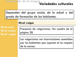 Nivel vulgar 
Nivel culto 
Nivel medio 
Nivel vulgar 
Variedades de la lengua 
Dependen del grupo social, de la edad y del grado de formación de los hablantes. 
Variedades culturales 
Presencia de vulgarismos. Ver cuadro de la página 28. 
Los vulgarismos son incorrecciones cometidas por los hablantes que suponen el no respeto de la norma.  