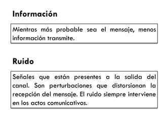 Información 
Mientras más probable sea el mensaje, menos información transmite. 
Ruido 
Señales que están presentes a la salida del canal. Son perturbaciones que distorsionan la recepción del mensaje. El ruido siempre interviene en los actos comunicativos.  