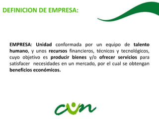 DEFINICION DE EMPRESA:
EMPRESA: Unidad conformada por un equipo de talento
humano, y unos recursos financieros, técnicos y tecnológicos,
cuyo objetivo es producir bienes y/o ofrecer servicios para
satisfacer necesidades en un mercado, por el cual se obtengan
beneficios económicos.
 