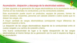 Acumulación, disipación y descarga de la electricidad estática
La fase siguiente a la generación de cargas electrostáticas es la acumulación de las
mismas en los materiales no conductores y en los conductores aislados.
Esta acumulación puede ocurrir en productos, equipos de proceso, tramos de
tubería aislados, recipientes, personas con calzado aislante o sobre suelos que no
disipan las cargas, etc.
A mayor cantidad de cargas electrostáticas corresponde mayor diferencia de
potencial respecto a tierra.
La disipación de las cargas electrostáticas depende de la conductividad entre el
cuerpo cargado y su camino de conexión a tierra.
Una buena conductividad da lugar a la rápida desaparición de las cargas
electrostaticas al mismo tiempo de su generación con lo cual ni siquiera se llega a
su acumulación.
 