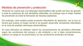 Medidas de prevención y protección
Teniendo en cuenta que una descarga electrostática sólo puede ser foco de ignición
si está en presencia de una atmósfera inflamable, se concluye que la mejor medida
de prevención es evitar la formación de mezclas explosivas.
Sin embargo, esta medida puede presentar dificultades de aplicación, por lo que se
tendrá que evaluar el riesgo viendo si se pueden desarrollar atmósferas inflamables
en la zona de posibles descargas electrostáticas.
En caso afirmativo se deberán valorar las concentraciones de atmósfera inflamable
según las condiciones del proceso y del ambiente y ver si tales concentraciones
originan un riesgo en su proximidad y en las condiciones presentes de trabajo.
 