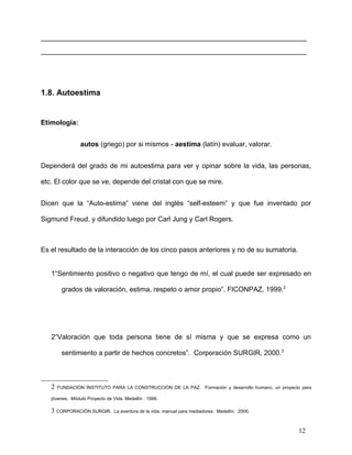 _______________________________________________
_______________________________________________




1.8. Autoestima


Etimología:


                autos (griego) por si mismos - aestíma (latín) evaluar, valorar.


Dependerá del grado de mi autoestima para ver y opinar sobre la vida, las personas,

etc. El color que se ve, depende del cristal con que se mire.


Dicen que la “Auto-estima” viene del inglés “self-esteem” y que fue inventado por

Sigmund Freud, y difundido luego por Carl Jung y Carl Rogers.



Es el resultado de la interacción de los cinco pasos anteriores y no de su sumatoria.


   1“Sentimiento positivo o negativo que tengo de mí, el cual puede ser expresado en

        grados de valoración, estima, respeto o amor propio”. FICONPAZ, 1999.2




   2“Valoración que toda persona tiene de sí misma y que se expresa como un

        sentimiento a partir de hechos concretos”. Corporación SURGIR, 2000.3



   2   FUNDACIÓN INSTITUTO PARA LA CONSTRUCCIÓN DE LA PAZ. Formación y desarrollo humano, un proyecto para

   jóvenes. Módulo Proyecto de Vida. Medellín : 1999.

   3 CORPORACIÓN SURGIR.        La aventura de la vida, manual para mediadores. Medellín, 2000.



                                                                                                     12
 