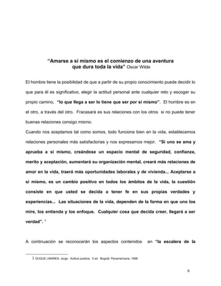 “Amarse a sí mismo es el comienzo de una aventura
                      que dura toda la vida” Oscar Wilde

El hombre tiene la posibilidad de que a partir de su propio conocimiento puede decidir lo

que para él es significativo, elegir la actitud personal ante cualquier reto y escoger su

propio camino, “lo que llega a ser lo tiene que ser por sí mismo”. El hombre es en

el otro, a través del otro. Fracasará es sus relaciones con los otros si no puede tener

buenas relaciones consigo mismo.

Cuando nos aceptamos tal como somos, todo funciona bien en la vida, establecemos

relaciones personales más satisfactorias y nos expresamos mejor. “Si uno se ama y

aprueba a sí mismo, creándose un espacio mental de seguridad, confianza,

merito y aceptación, aumentará su organización mental, creará más relaciones de

amor en la vida, traerá más oportunidades laborales y de vivienda... Aceptarse a

sí mismo, es un cambio positivo en todos los ámbitos de la vida, la cuestión

consiste en que usted se decida a tener fe en sus propias verdades y

experiencias... Las situaciones de la vida, dependen de la forma en que uno los

mire, los entienda y los enfoque. Cualquier cosa que decida creer, llegará a ser

verdad”. 1



A continuación se reconocerán los aspectos contenidos                              en “la escalera de la


   1 DUQUE LINARES, Jorge.   Actitud positiva. 5 ed. Bogotá: Panamericana, 1998.



                                                                                                    6
 