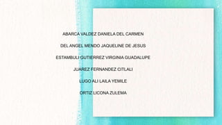 ABARCA VALDEZ DANIELA DEL CARMEN
DEL ANGEL MENDO JAQUELINE DE JESUS
ESTAMBULI GUTIERREZ VIRGINIA GUADALUPE
JUAREZ FERNANDEZ CITLALI
LUGO ALI LAILA YEMILE
ORTIZ LICONA ZULEMA
 