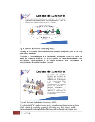 4 | e-Learning
Fig. 4. Tomado de Palacios Consulting HSEQ.
En la fig. 4 se observa como interacciona el proceso de logística, con el KAIZEN
en la forma de BPM´s.
Entonces lo correspondiente a la distribución, almacenes, transporte, debe de
seguir los procesos de BPM´s no se podrá dejar por fuera las consideraciones
tecnológicas, reglamentarias y de medio ambiente, que corresponde a
organizaciones de calidad de clase mundial.
Figura 5. Tomado de Palacios Consulting HSEQ.
Un criterio de BPM´s es la contaminación cruzada que establece que no debe
existir mezcla de productos en cuanto a transporte es decir que no podrán
transportarse alimentos y bebidas, fármacos, alimentos para animales, con
 