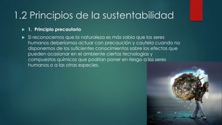1.2 Principios de la sustentabilidad
 1. Principio precautorio
 Si reconocemos que la naturaleza es más sabia que los seres
humanos deberíamos actuar con precaución y cautela cuando no
disponemos de los suficientes conocimientos sobre los efectos que
pueden ocasionar en el ambiente ciertas tecnologías y
compuestos químicos que podrían poner en riesgo a los seres
humanos o a las otras especies.
 