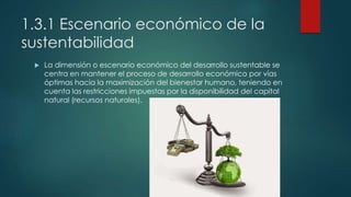 1.3.1 Escenario económico de la
sustentabilidad
 La dimensión o escenario económico del desarrollo sustentable se
centra en mantener el proceso de desarrollo económico por vías
óptimas hacia la maximización del bienestar humano, teniendo en
cuenta las restricciones impuestas por la disponibilidad del capital
natural (recursos naturales).
 