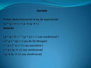 Ejemplo

Probar deductivamente la ley de exportación
( p ^ q ) → r ) = ( p → (q → r )
Solución

( p ^ q ) → r = ~ ( p ^ q ) v r ( Ley condicional )
= (~ p v ~ q) v r ( Ley de De Morgan)
= ~ p v (~ q v r ) ( Ley asociativa )
= ~ p v (q → r) ( Ley condicional)
= p → (q → r) ( Ley condicional)
 